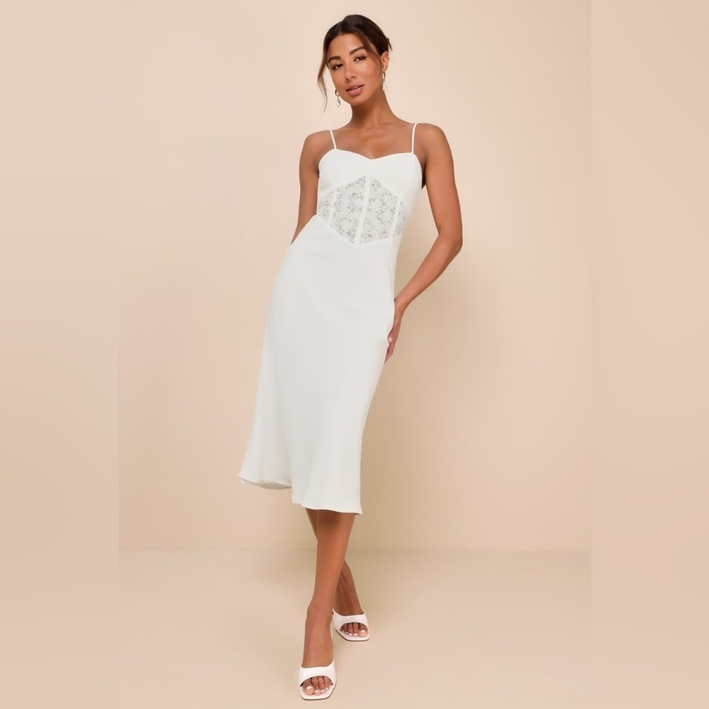 NWT Lulus White Lace Bustier Midi Dress Bridal Engagement Bachelorette Party XL
